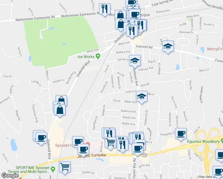 map of restaurants, bars, coffee shops, grocery stores, and more near 26 Clarissa Drive in Syosset