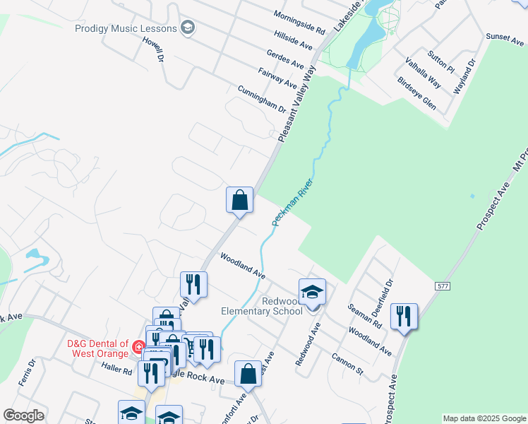 map of restaurants, bars, coffee shops, grocery stores, and more near 220 Pleasant Valley Way in West Orange