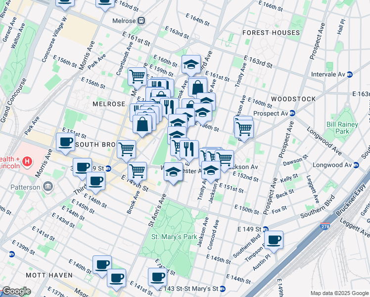 map of restaurants, bars, coffee shops, grocery stores, and more near 674 Saint Anns Avenue in Bronx