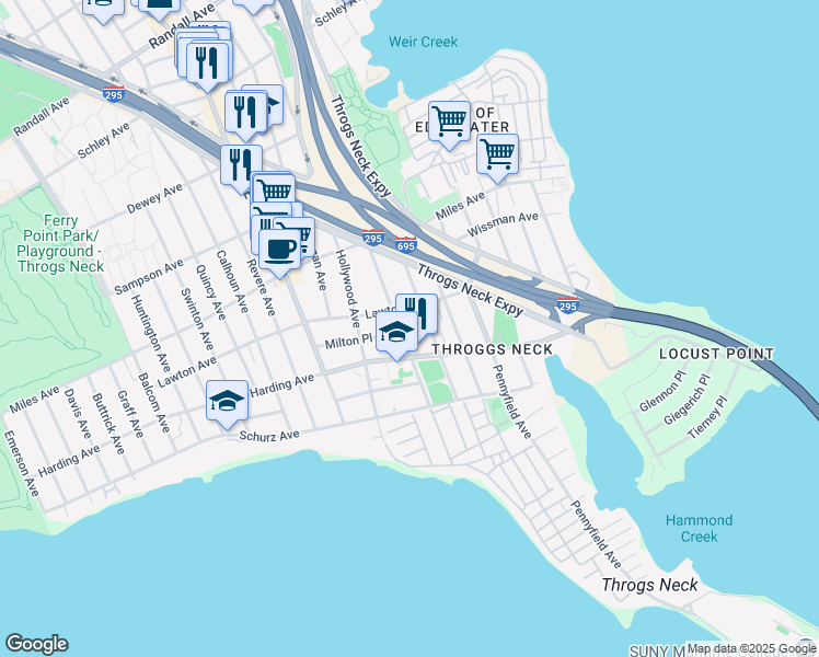 map of restaurants, bars, coffee shops, grocery stores, and more near 204 Throgs Neck Boulevard in Bronx