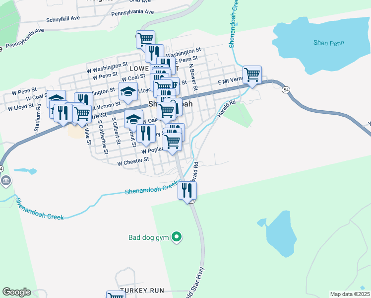 map of restaurants, bars, coffee shops, grocery stores, and more near 309 South Market Street in Shenandoah