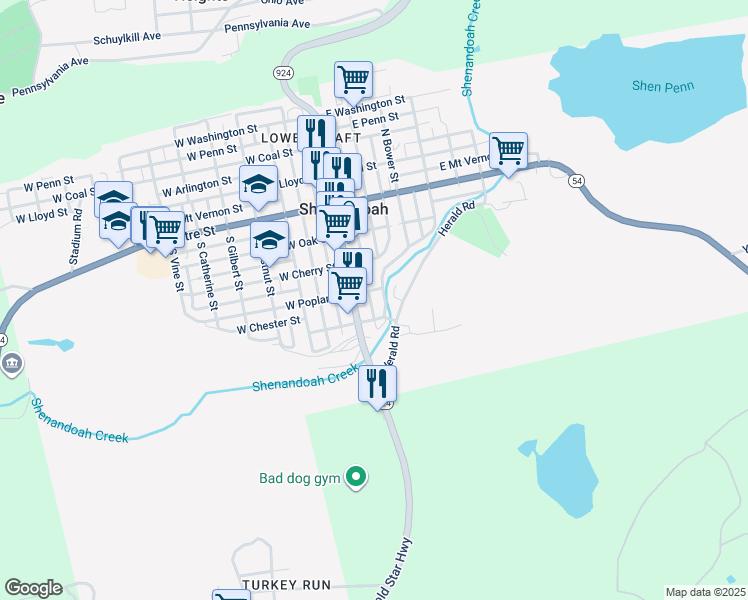 map of restaurants, bars, coffee shops, grocery stores, and more near 309 South Market Street in Shenandoah