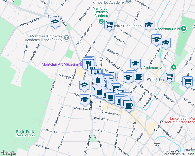 map of restaurants, bars, coffee shops, grocery stores, and more near 64 Valley Road in Montclair