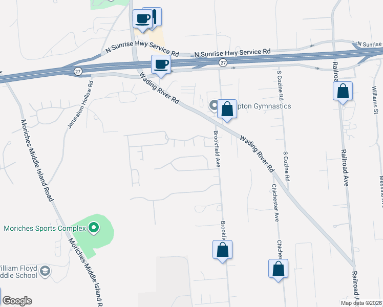 map of restaurants, bars, coffee shops, grocery stores, and more near 30 Toni Court in Center Moriches