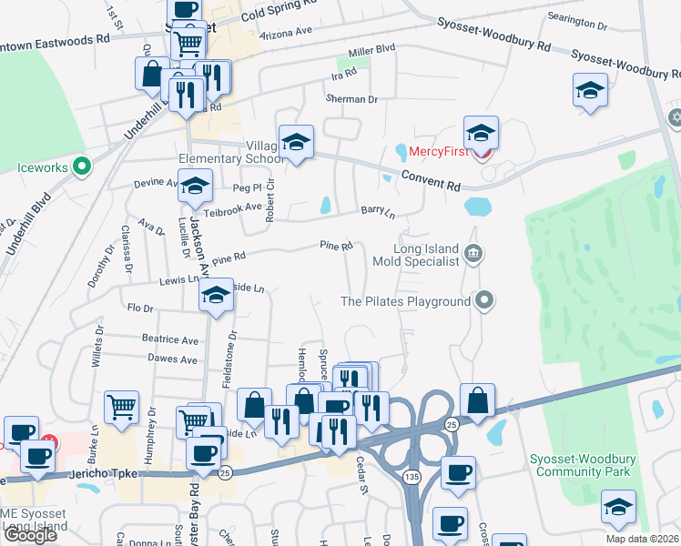 map of restaurants, bars, coffee shops, grocery stores, and more near 16 Pine Road in Syosset