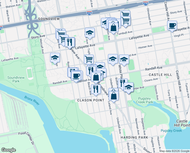 map of restaurants, bars, coffee shops, grocery stores, and more near 595a Taylor Avenue in The Bronx