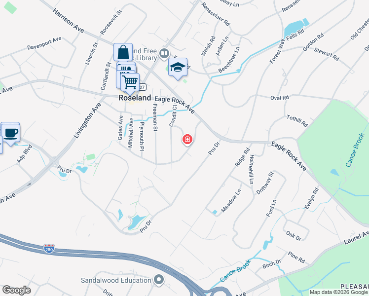 map of restaurants, bars, coffee shops, grocery stores, and more near 66 Monroe Avenue in Roseland