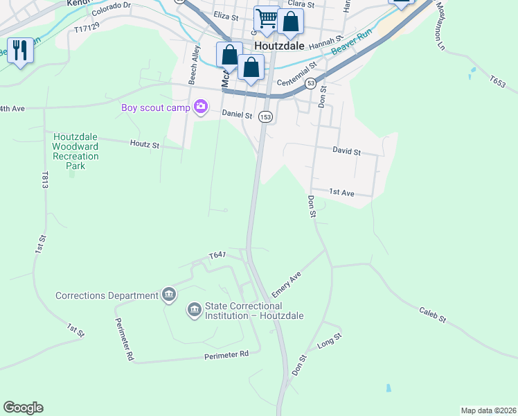 map of restaurants, bars, coffee shops, grocery stores, and more near 5404-5598 Highway 153 in Houtzdale