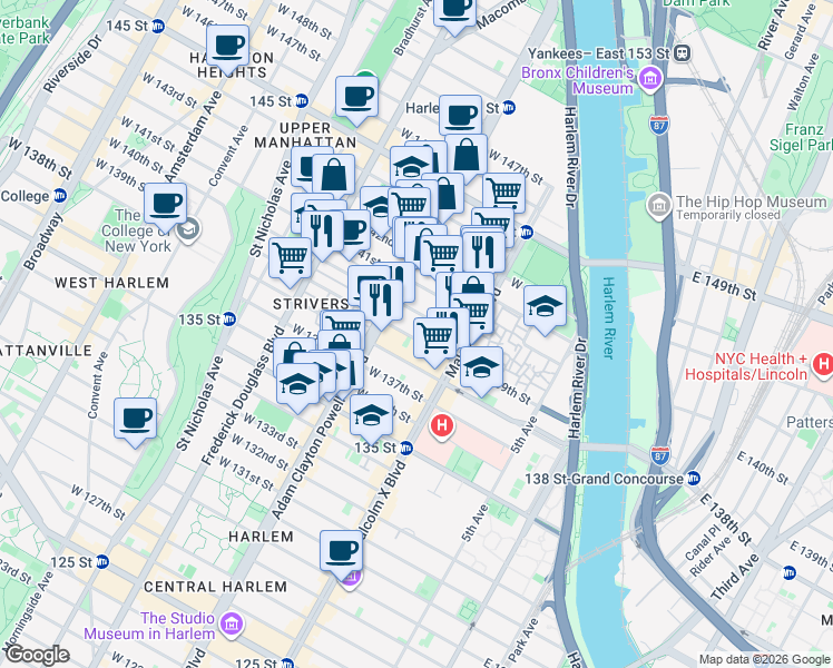map of restaurants, bars, coffee shops, grocery stores, and more near 152 West 140th Street in New York