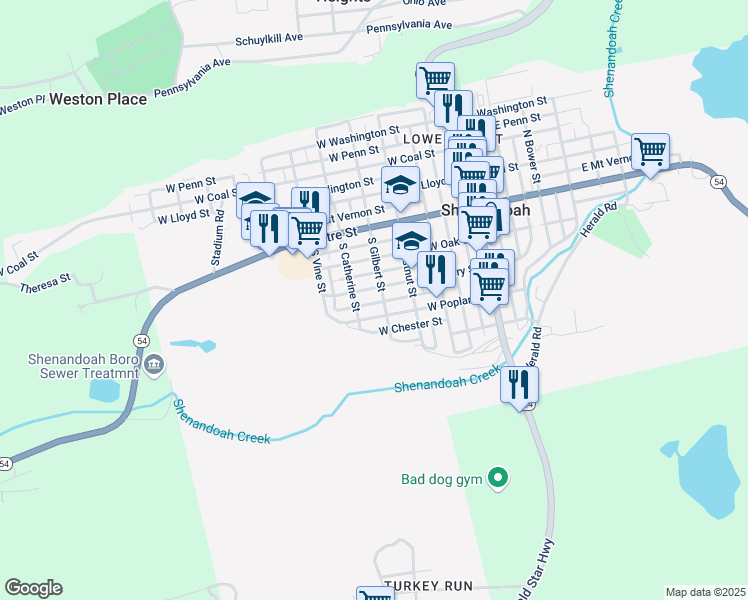 map of restaurants, bars, coffee shops, grocery stores, and more near 413 West Columbus Street in Shenandoah