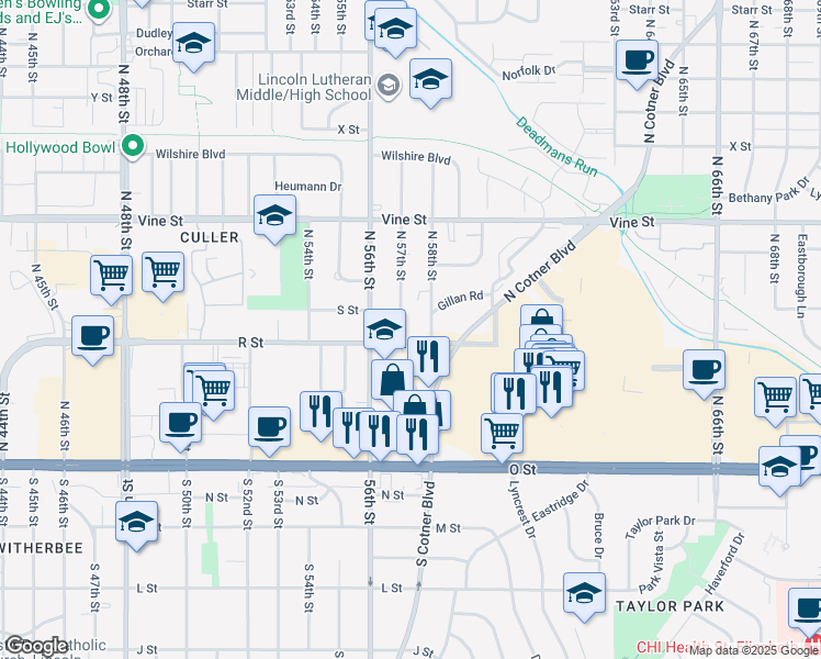 map of restaurants, bars, coffee shops, grocery stores, and more near 5700 R Street in Lincoln