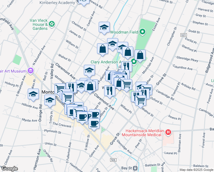 map of restaurants, bars, coffee shops, grocery stores, and more near 128 Walnut Street in Montclair