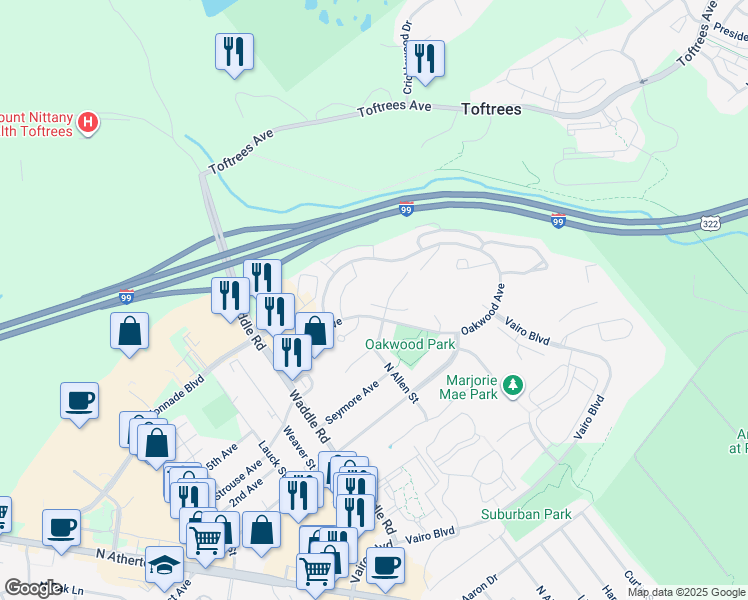 map of restaurants, bars, coffee shops, grocery stores, and more near 235 Oakwood Avenue in State College