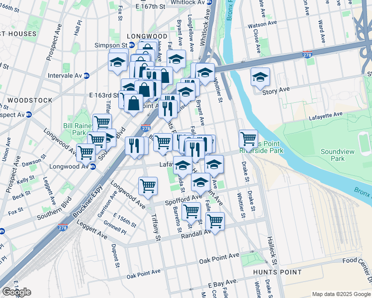 map of restaurants, bars, coffee shops, grocery stores, and more near 850 Hunts Point Avenue in Bronx