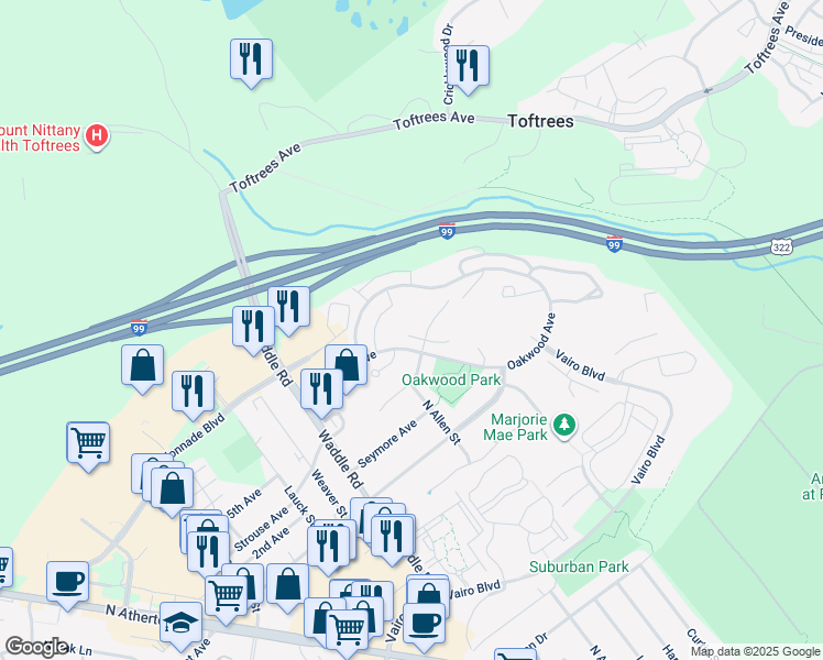 map of restaurants, bars, coffee shops, grocery stores, and more near 235 Oakwood Avenue in State College