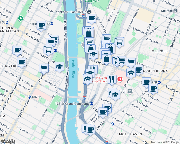 map of restaurants, bars, coffee shops, grocery stores, and more near in The Bronx