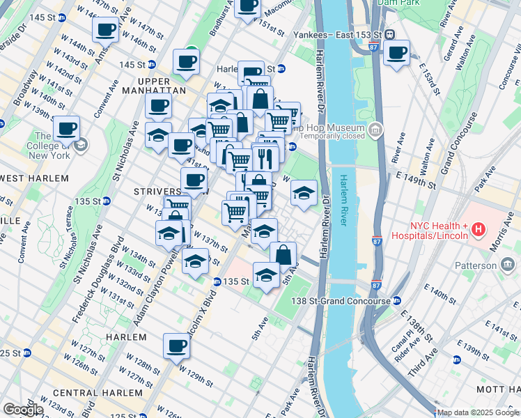 map of restaurants, bars, coffee shops, grocery stores, and more near 628 Malcolm X Boulevard in New York