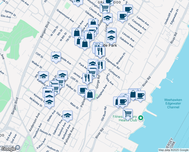 map of restaurants, bars, coffee shops, grocery stores, and more near 401 Gorge Road in Cliffside Park