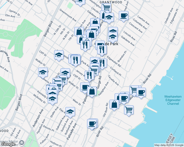 map of restaurants, bars, coffee shops, grocery stores, and more near 211 Park Avenue in Cliffside Park