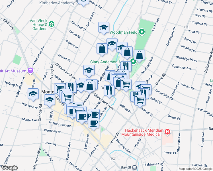 map of restaurants, bars, coffee shops, grocery stores, and more near 128 Walnut Street in Montclair