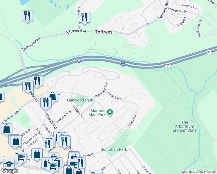 map of restaurants, bars, coffee shops, grocery stores, and more near 531 Oakwood Avenue in State College