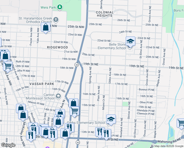 map of restaurants, bars, coffee shops, grocery stores, and more near 1805 Spring Avenue Northeast in Canton