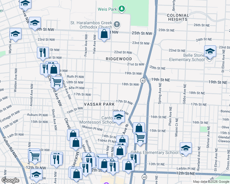 map of restaurants, bars, coffee shops, grocery stores, and more near 1747 Oberlin Court Northwest in Canton