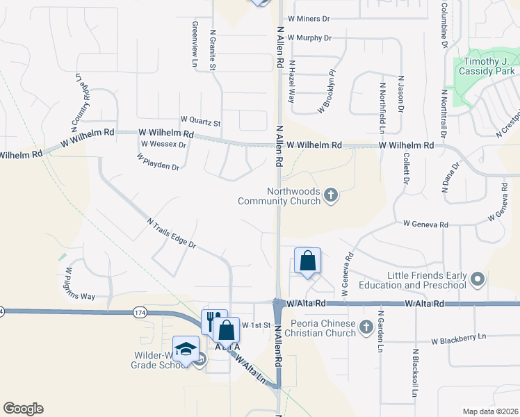 map of restaurants, bars, coffee shops, grocery stores, and more near 2517 West Kaylie Court in Peoria