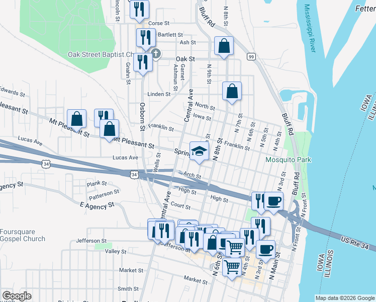 map of restaurants, bars, coffee shops, grocery stores, and more near 1001 Franklin Street in Burlington