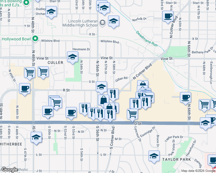 map of restaurants, bars, coffee shops, grocery stores, and more near 5700 R Street in Lincoln