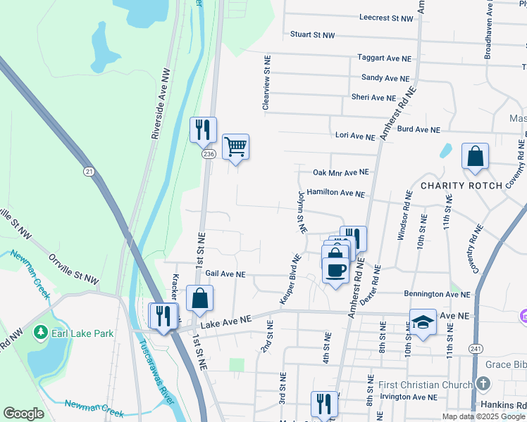 map of restaurants, bars, coffee shops, grocery stores, and more near 247 Valeside Avenue Northeast in Massillon