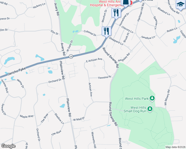 map of restaurants, bars, coffee shops, grocery stores, and more near 22 Artisan Avenue in Huntington