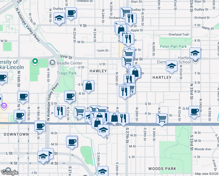 map of restaurants, bars, coffee shops, grocery stores, and more near 501 North 25th Street in Lincoln