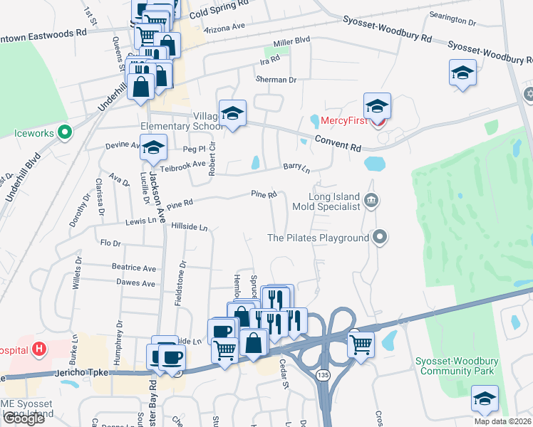 map of restaurants, bars, coffee shops, grocery stores, and more near 16 Pine Road in Syosset