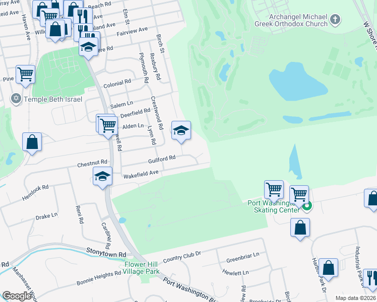 map of restaurants, bars, coffee shops, grocery stores, and more near 10 Newbury Road in Port Washington
