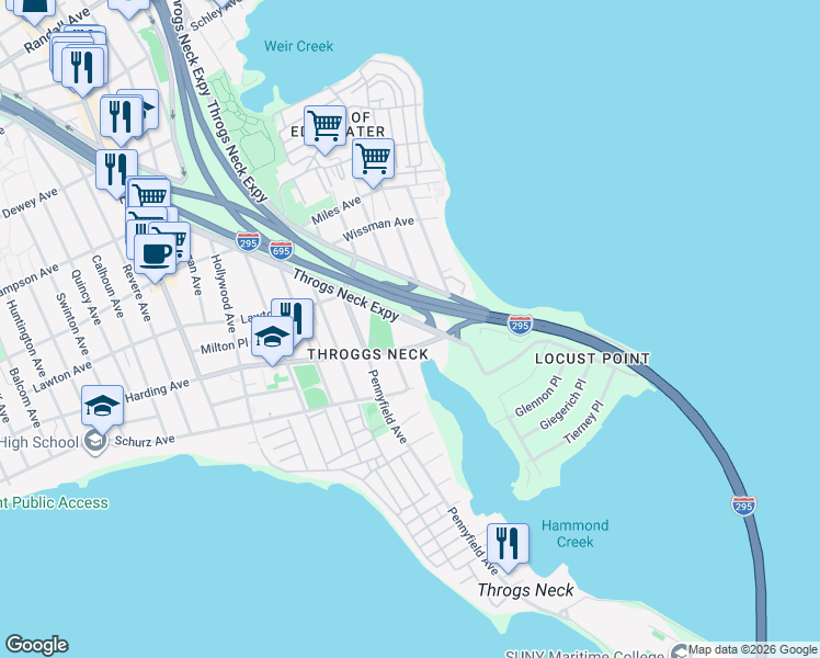 map of restaurants, bars, coffee shops, grocery stores, and more near 4224 Throgs Neck Expressway in Bronx