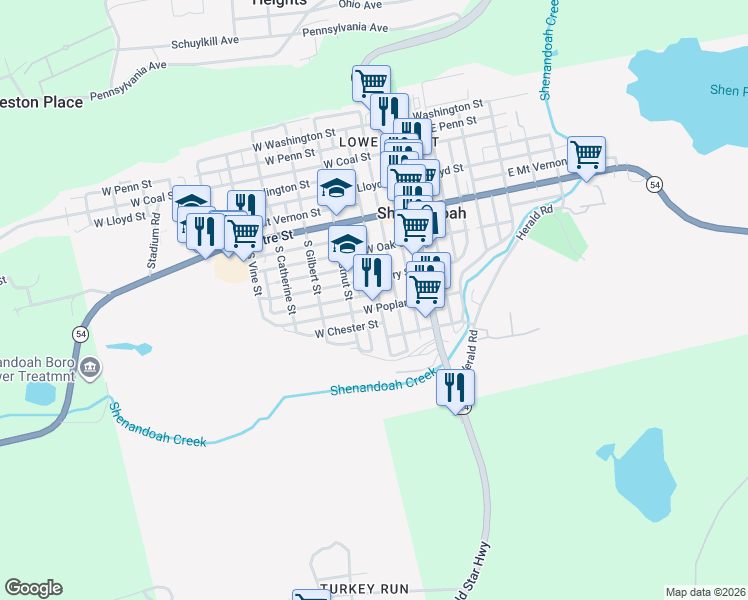 map of restaurants, bars, coffee shops, grocery stores, and more near 204 West Cherry Street in Shenandoah