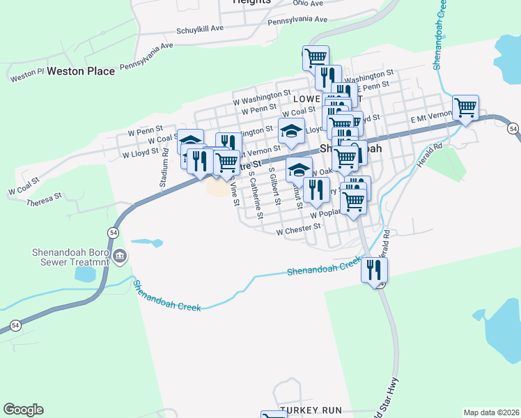 map of restaurants, bars, coffee shops, grocery stores, and more near 419 West Cherry Street in Shenandoah