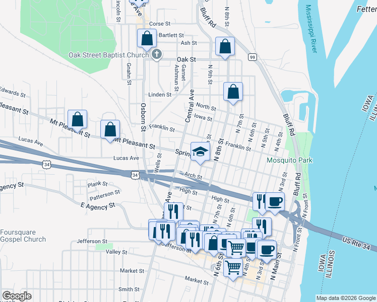 map of restaurants, bars, coffee shops, grocery stores, and more near 1001 Franklin Street in Burlington