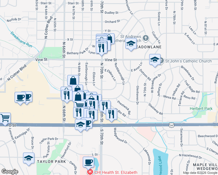map of restaurants, bars, coffee shops, grocery stores, and more near 7025 Carol Circle in Lincoln