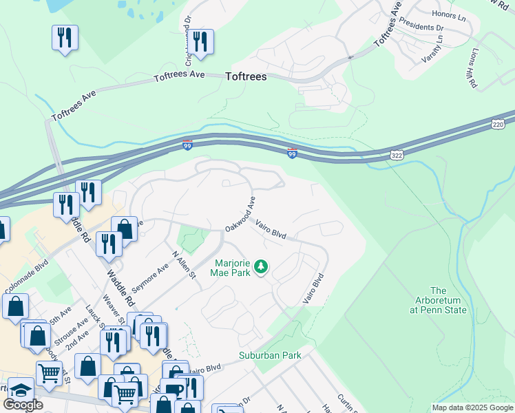 map of restaurants, bars, coffee shops, grocery stores, and more near 531 Oakwood Avenue in State College