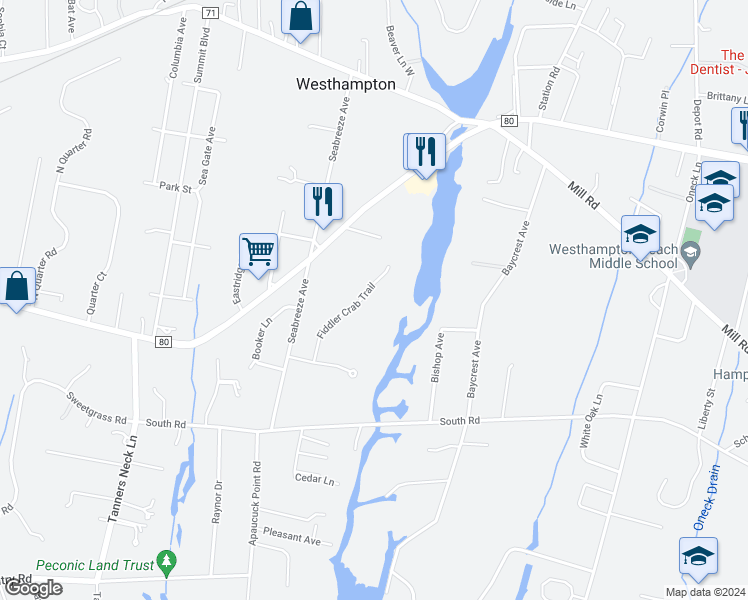 map of restaurants, bars, coffee shops, grocery stores, and more near 15 Fiddler Crab Trail in Westhampton