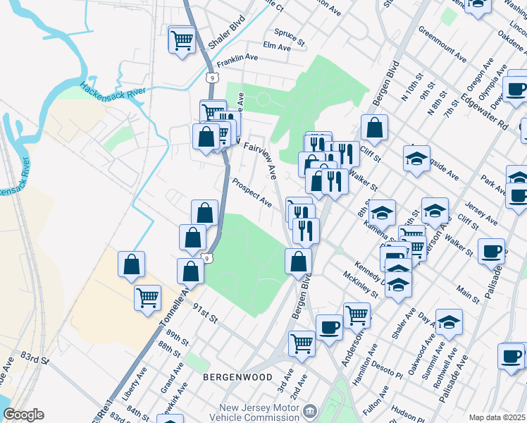 map of restaurants, bars, coffee shops, grocery stores, and more near 636 Prospect Avenue in Fairview