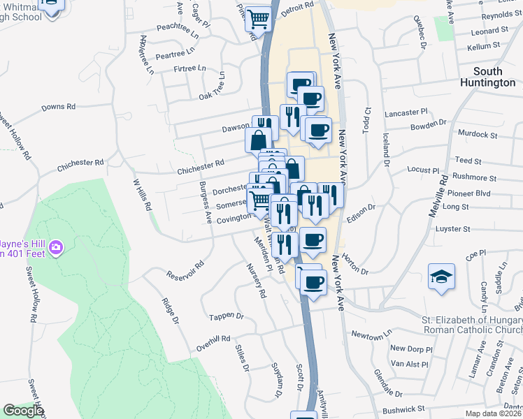 map of restaurants, bars, coffee shops, grocery stores, and more near 8 Somerset Street in Huntington Station