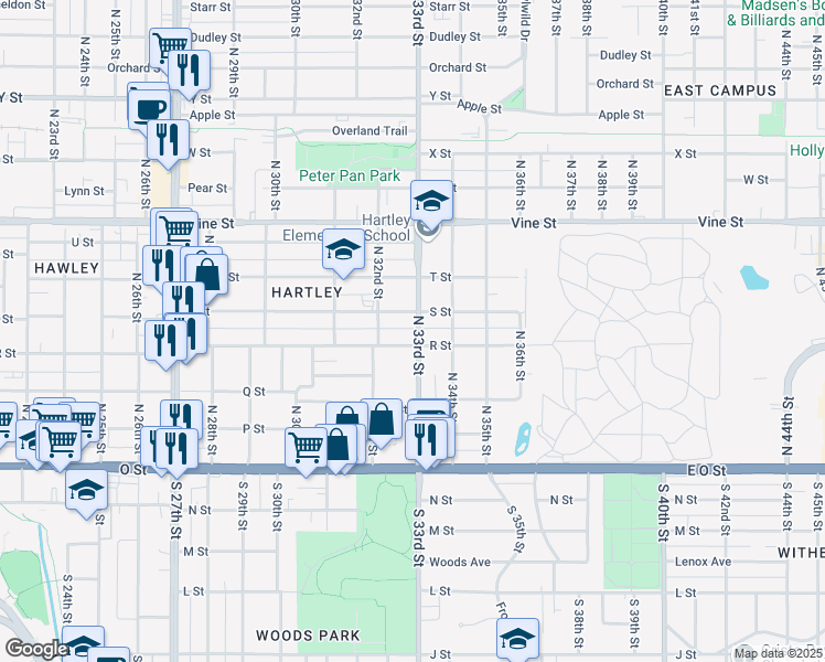 map of restaurants, bars, coffee shops, grocery stores, and more near 3254 R Street in Lincoln