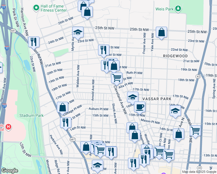map of restaurants, bars, coffee shops, grocery stores, and more near 1803 Cleveland Avenue Northwest in Canton