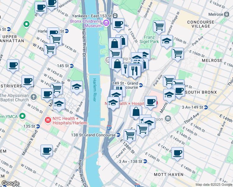 map of restaurants, bars, coffee shops, grocery stores, and more near in The Bronx