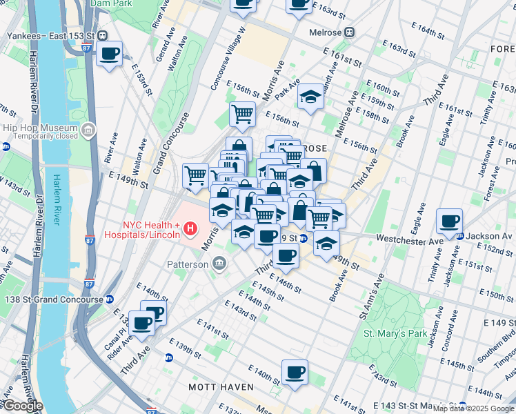 map of restaurants, bars, coffee shops, grocery stores, and more near 317 East 150th Street in Bronx