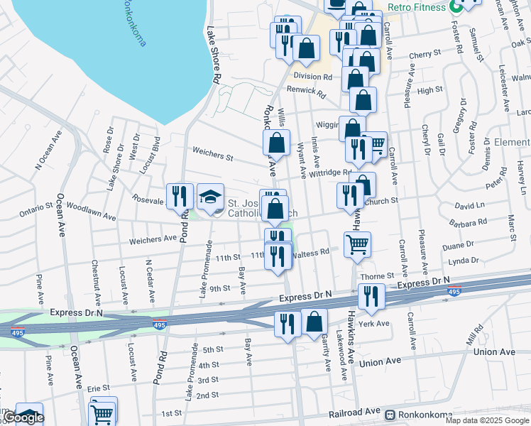 map of restaurants, bars, coffee shops, grocery stores, and more near 6 Oakwood Avenue in Lake Ronkonkoma