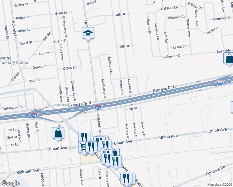 map of restaurants, bars, coffee shops, grocery stores, and more near 34 Halfcircle Drive in Holbrook